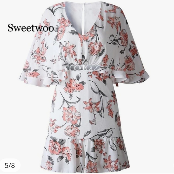 Women's Floral Print Ruffles Mini Dress V Neck Batwing Short Sleeve. # 91 - Picture 3 of 14